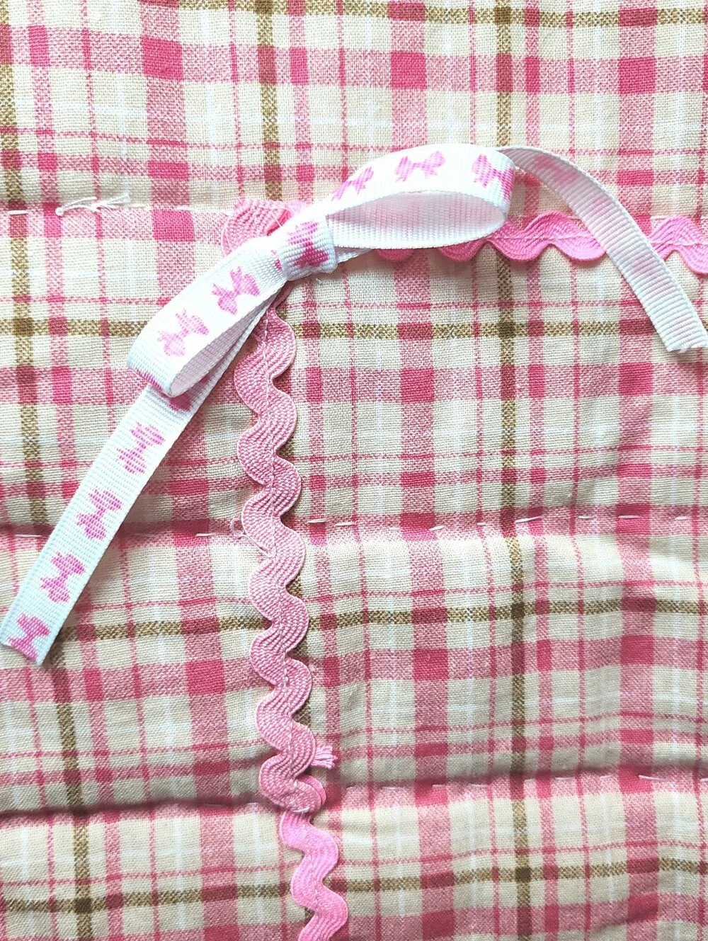 Hand Stitched Baby Quilt Pink Plaid 43x43 Whole Cloth